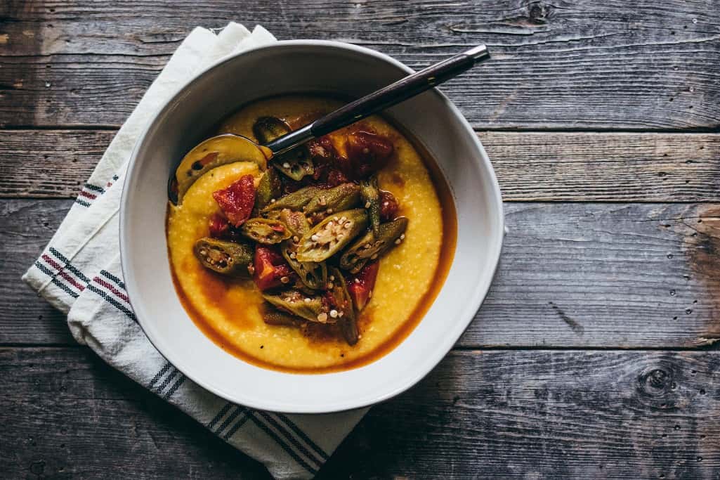 Cheesy Grits with Stewed Tomatoes & Okra sweet miscellany